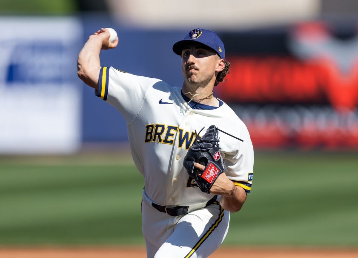 Feb 27, 2026; Phoenix, Arizona, USA; Milwaukee Brewers pitcher Brandon Sproat against the Chicago White Sox during a spring training game at American Family Fields of Phoenix. Mandatory Credit: Mark J. Rebilas-Imagn Images