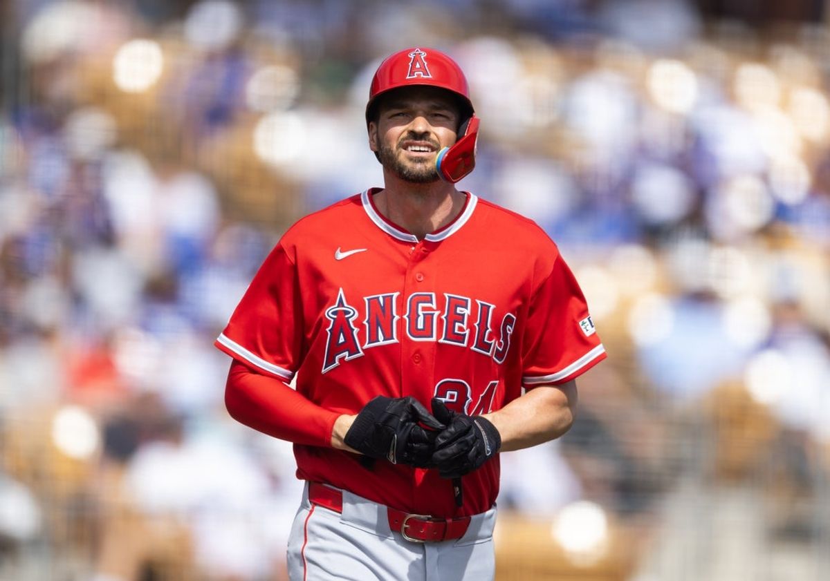 Mar 1, 2026; Phoenix, Arizona, USA; Los Angeles Angels first baseman Trey Mancini against the Los Angeles Dodgers during a spring training game at Camelback Ranch-Glendale. Mandatory Credit: Mark J. Rebilas-Imagn Images