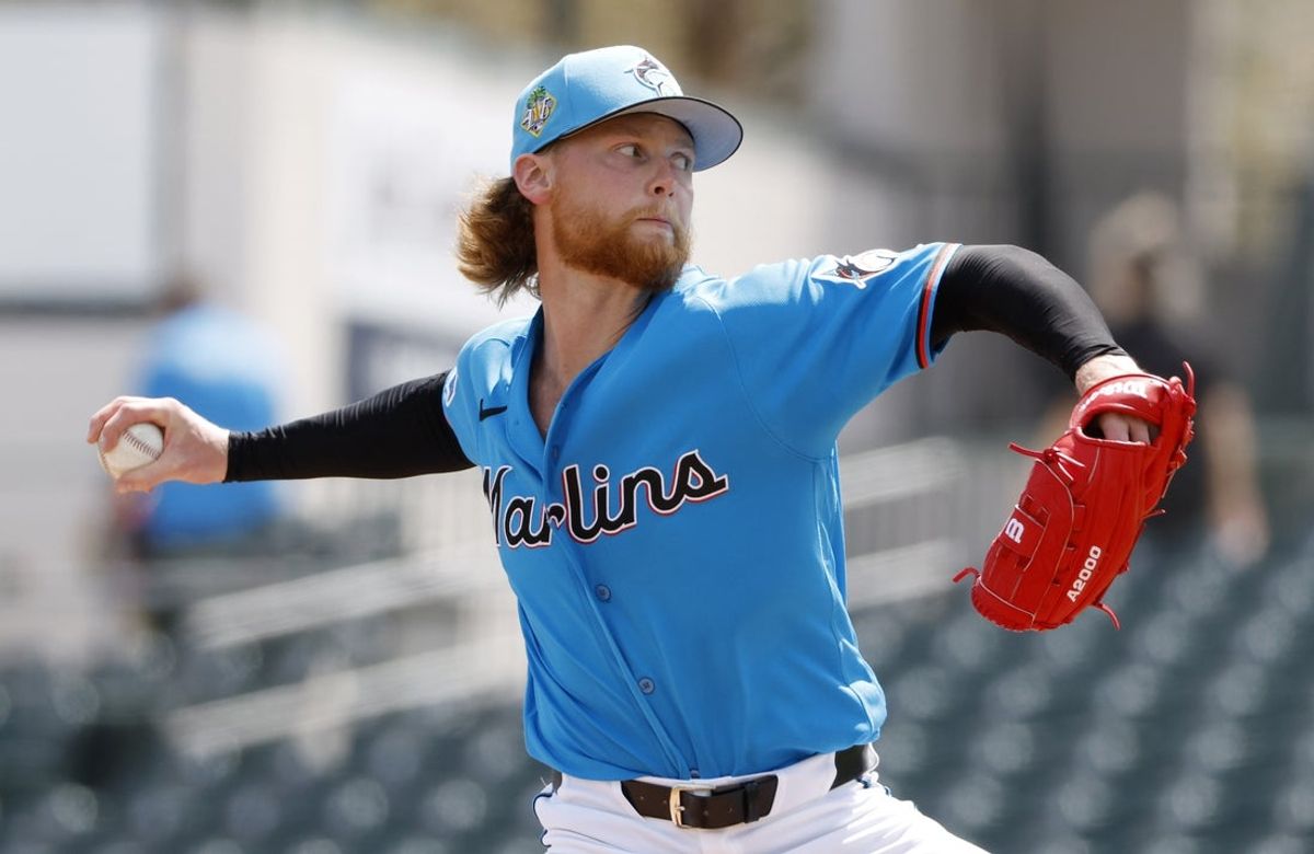 Mar 11, 2026; Jupiter, Florida, USA;  Miami Marlins pitcher Max Meyer (23) throws against the Houston Astros during the first inning at Roger Dean Chevrolet Stadium. Mandatory Credit: Rhona Wise-Imagn Images