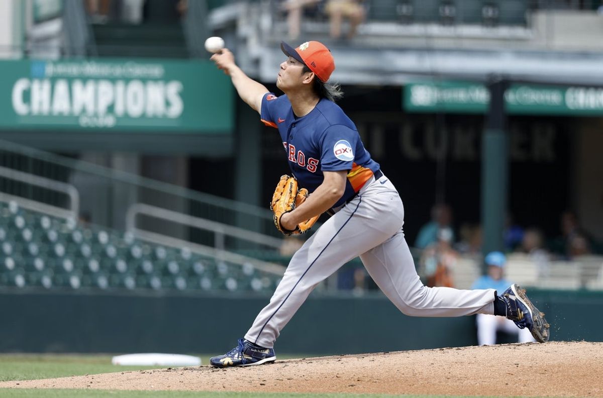Mar 11, 2026; Jupiter, Florida, USA;  Houston Astros pitcher Tatsuya Imai (45) throws against the Miami Marlins during the second inning at Roger Dean Chevrolet Stadium. Mandatory Credit: Rhona Wise-Imagn Images