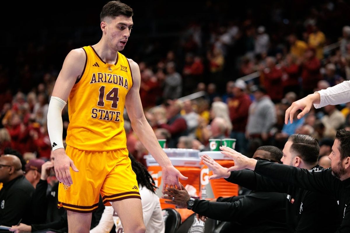 Mar 11, 2026; Kansas City, MO, USA; Arizona State Sun Devils forward Andrija Grbovic (14) leaves the game during the second half against the Iowa State Cyclones at T-Mobile Center. Mandatory Credit: William Purnell-Imagn Images