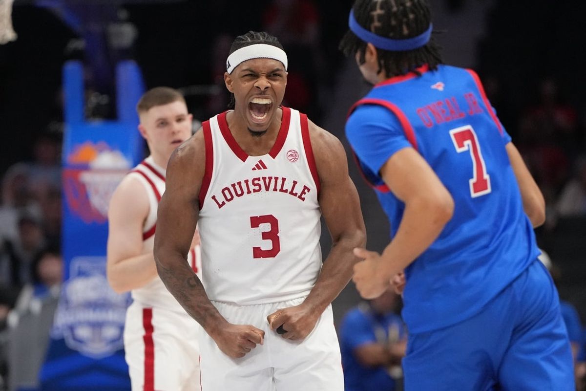 Mar 11, 2026; Charlotte, NC, USA; Louisville Cardinals guard Ryan Conwell (3) reacts late in the second half at Spectrum Center. Mandatory Credit: Bob Donnan-Imagn Images