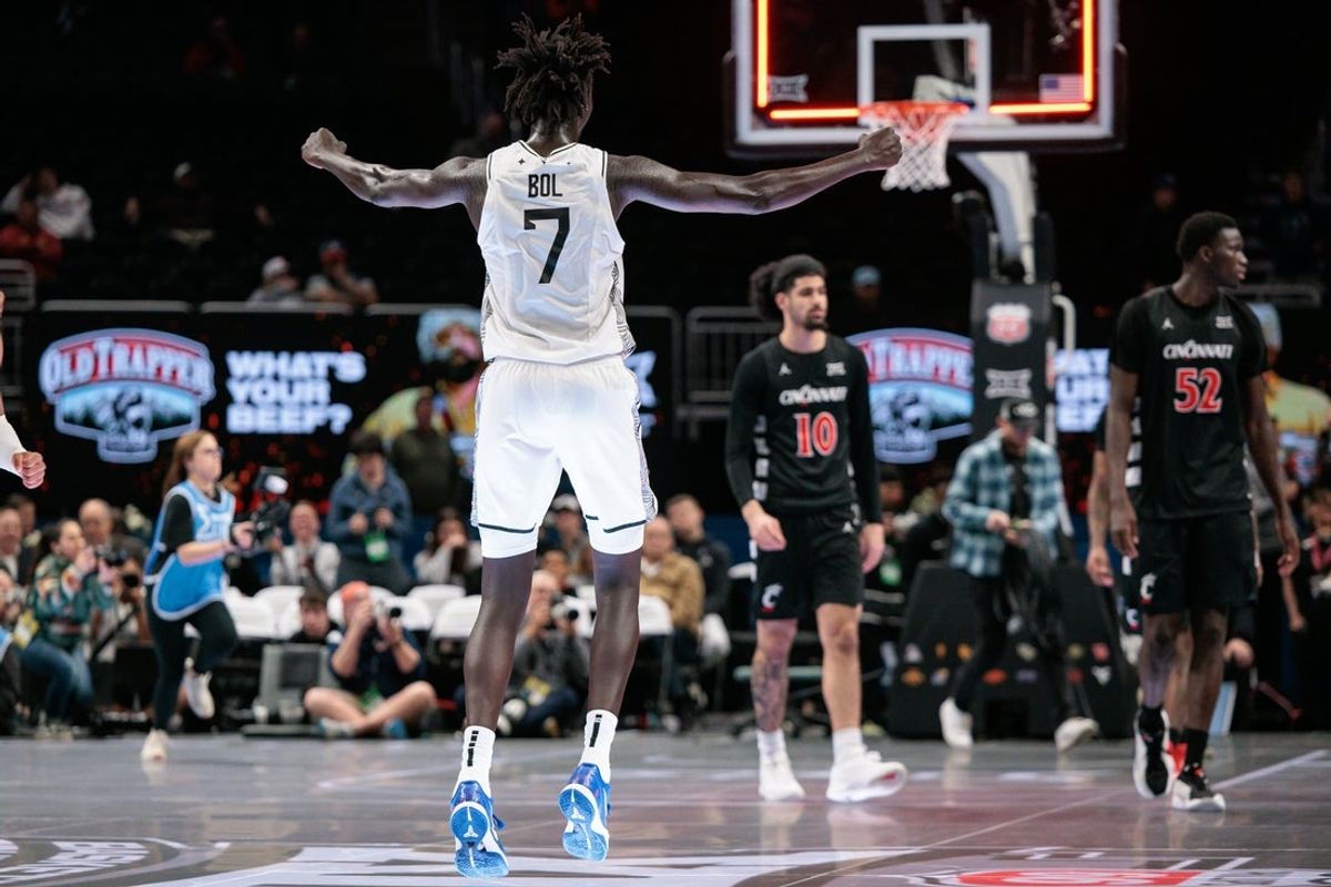 Mar 11, 2026; Kansas City, MO, USA; UCF Knights center John Bol (7) reacts at the end of the game against the Cincinnati Bearcats at T-Mobile Center. Mandatory Credit: William Purnell-Imagn Images