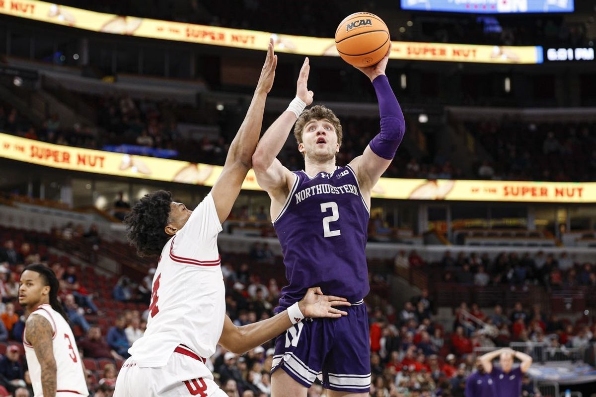 Mar 11, 2026; Chicago, IL, USA; Northwestern Wildcats forward Nick Martinelli (2) shoots against the Indiana Hoosiers during the first half at United Center. Mandatory Credit: Kamil Krzaczynski-Imagn Images