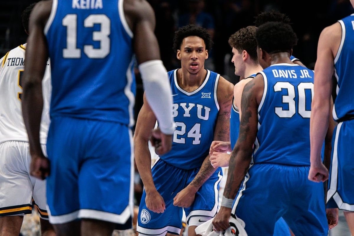 Mar 11, 2026; Kansas City, MO, USA; BYU Cougars forward Dominique Diomande (24) reacts after a play during the first half against the West Virginia Mountaineers at T-Mobile Center. Mandatory Credit: William Purnell-Imagn Images