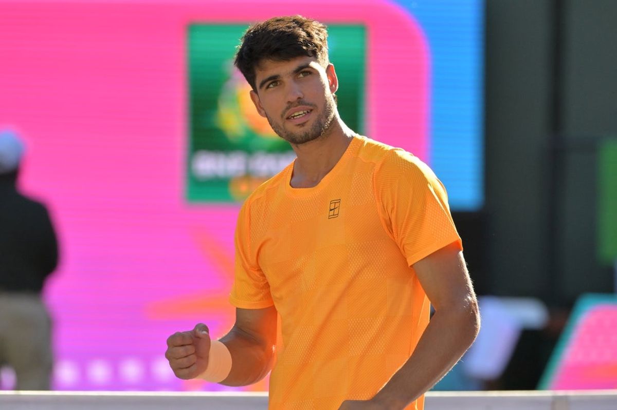 Mar 11, 2026; Indian Wells, CA, USA;  Carlos Alcaraz (ESP) pumps his fist after he defeated Casper Ruud (NOR) during the fourth round in the BNP Paribas Open at the Indian Wells Tennis Garden. Mandatory Credit: Jayne Kamin-Oncea-Imagn Images