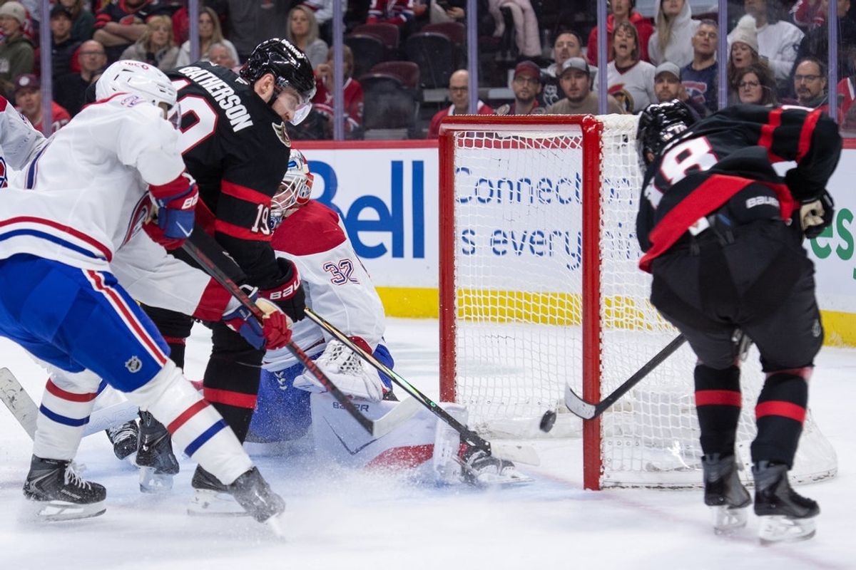 Mar 11, 2026; Ottawa, Ontario, CAN; Ottawa Senators center Tim Stutzle (18) scores against Montreal Canadiens goalie Jacob Fowler (32) in the first period at the Canadian Tire Centre. Mandatory Credit: Marc DesRosiers-IMAGN Images