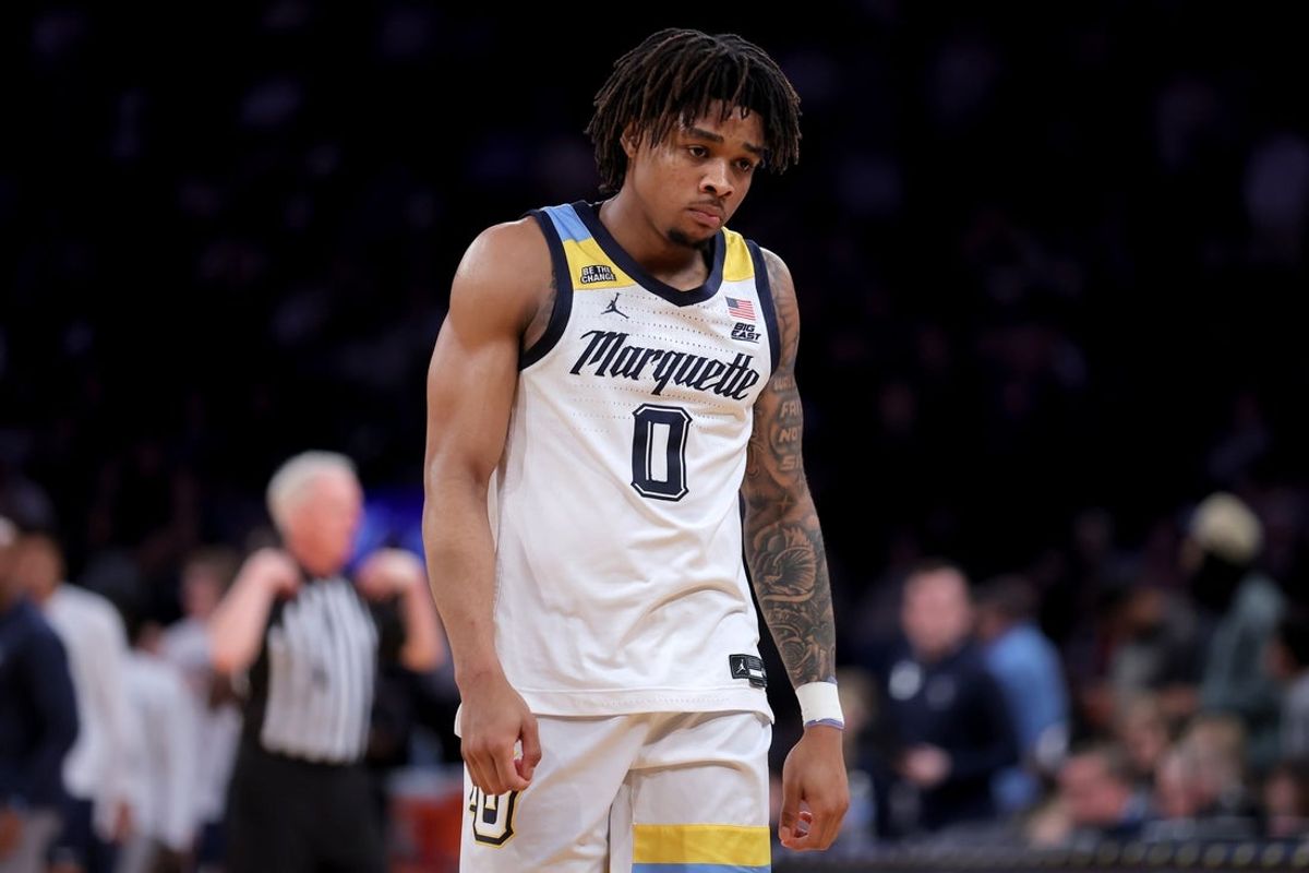 Mar 11, 2026; New York, NY, USA; Marquette Golden Eagles guard Nigel James Jr. (0) reacts during the second half against the Xavier Musketeers at Madison Square Garden. Mandatory Credit: Brad Penner-Imagn Images