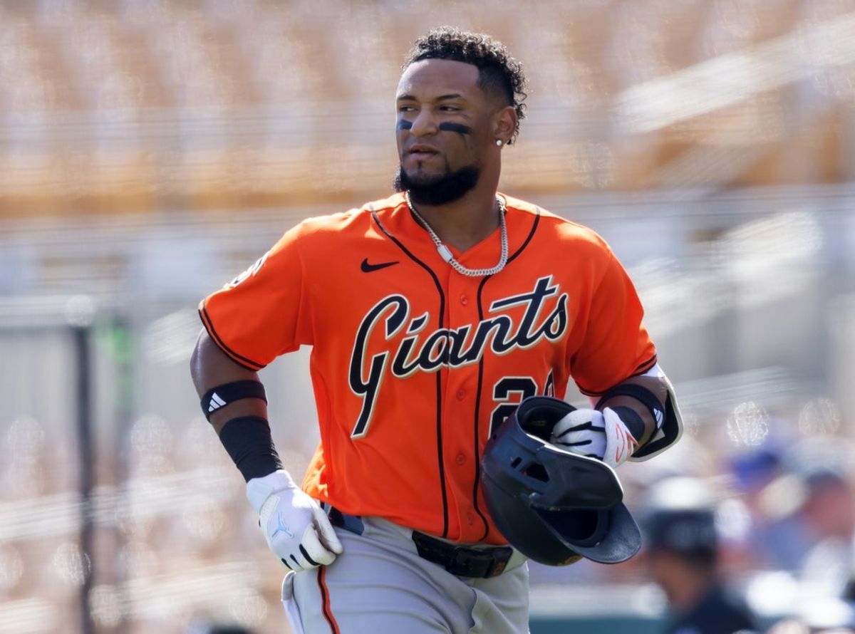 Mar 2, 2026; Phoenix, Arizona, USA; San Francisco Giants outfielder Luis Matos against the Chicago White Sox during a spring training game at Camelback Ranch-Glendale. Mandatory Credit: Mark J. Rebilas-Imagn Images
