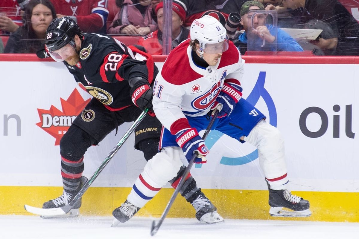 Mar 11, 2026; Ottawa, Ontario, CAN; Ottawa Senators right wing Claude Giroux (28) battles with Montreal Canadiens right wing Brendan Gallagher (11) in the second period at the Canadian Tire Centre. Mandatory Credit: Marc DesRosiers-IMAGN Images
