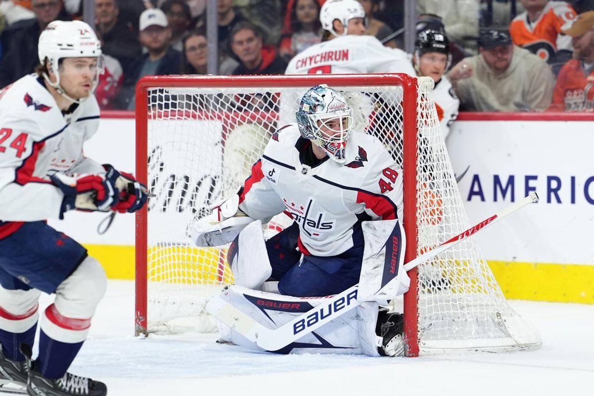 Mar 11, 2026; Philadelphia, Pennsylvania, USA; Washington Capitals goalie Logan Thompson (48) in action against the Philadelphia Flyers in the second period at Xfinity Mobile Arena. Mandatory Credit: Kyle Ross-Imagn Images