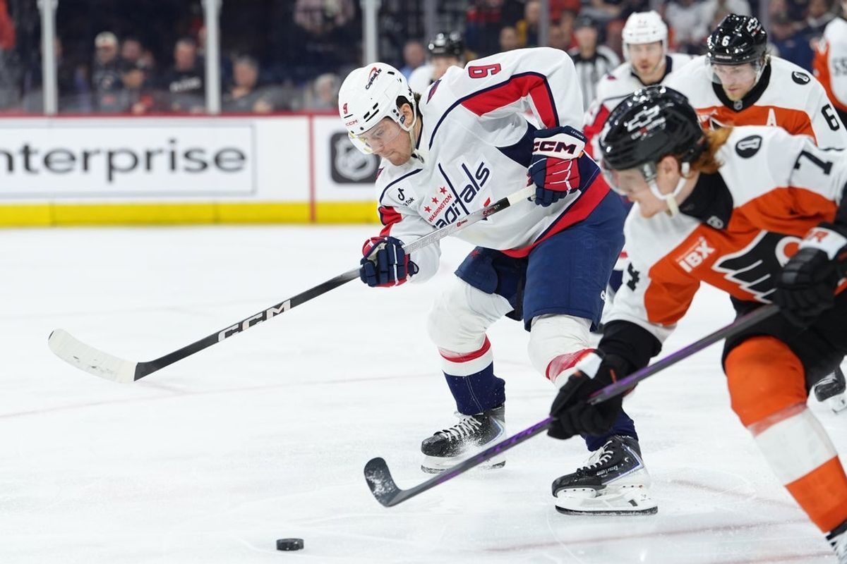Mar 11, 2026; Philadelphia, Pennsylvania, USA; Washington Capitals right wing Ryan Leonard (9) loses control of the puck against Philadelphia Flyers right wing Owen Tippett (74) in the third period at Xfinity Mobile Arena. Mandatory Credit: Kyle Ross-Imagn Images