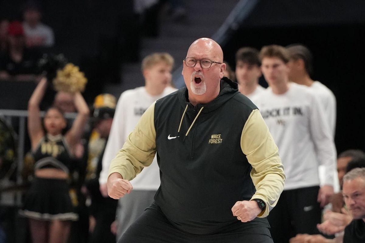 Mar 11, 2026; Charlotte, NC, USA; Wake Forest Demon Deacons head coach Steve Forbes reacts in the second half at Spectrum Center. Mandatory Credit: Bob Donnan-Imagn Images