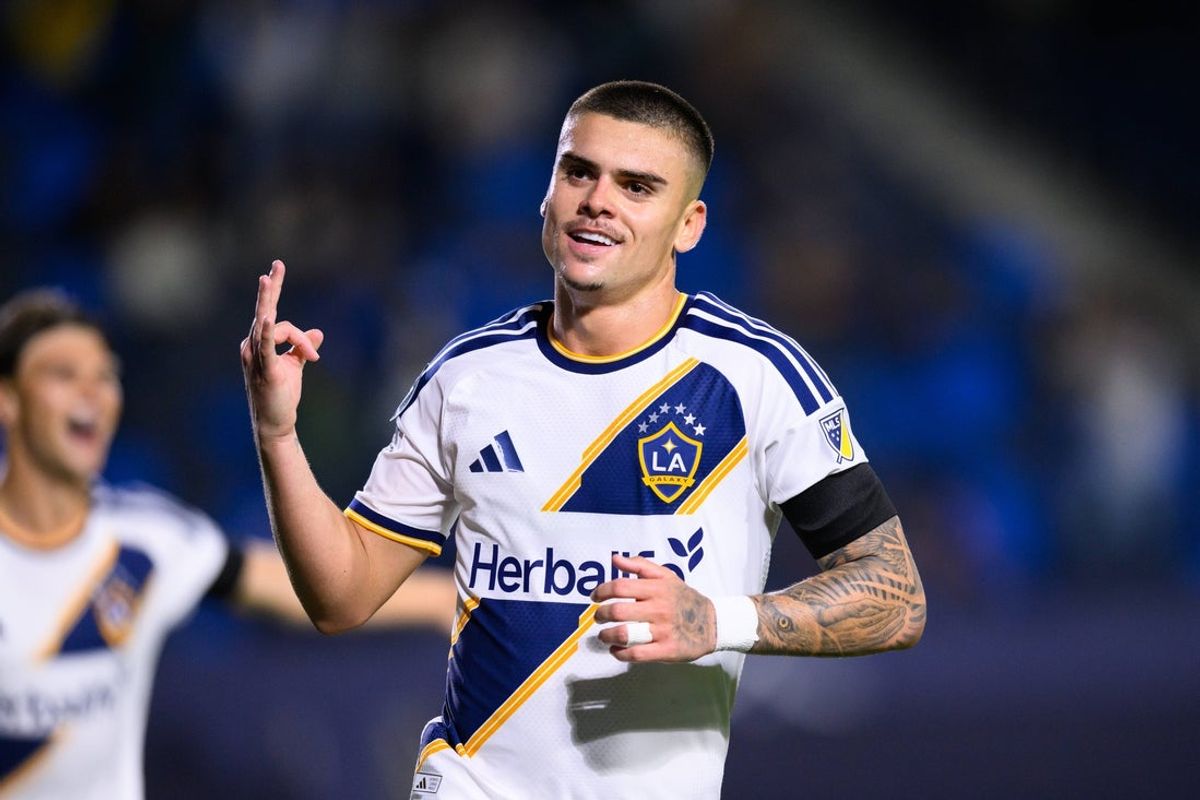 Mar 11, 2026; Carson, California, USA; LA Galaxy forward Gabriel Pec (11) gestures after scoring a hattrick during the second half of a Concacaf Champions Cup Round of 16 Leg 1 soccer game against Mount Pleasant FA at Dignity Health Sports Park. Mandatory Credit: William Liang-Imagn Images