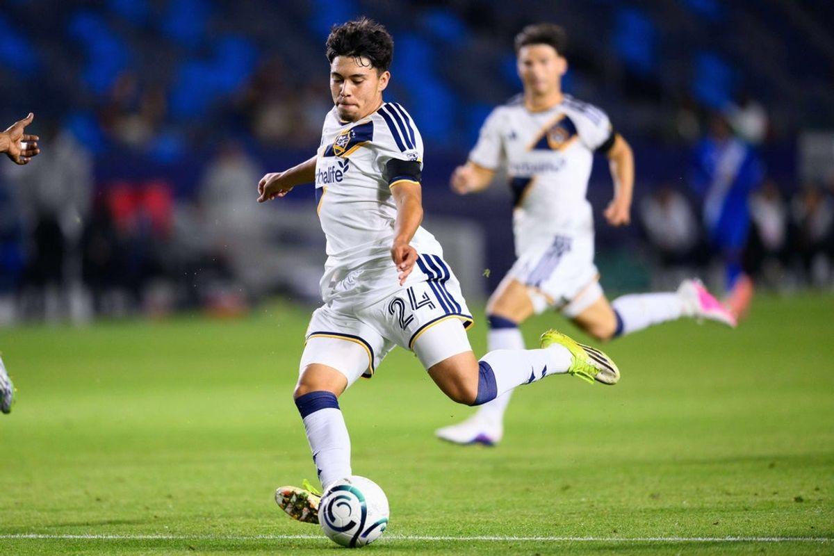 Mar 11, 2026; Carson, California, USA; LA Galaxy forward Ruben Ramos (24) shoots during the second half of a Concacaf Champions Cup Round of 16 Leg 1 soccer game against Mount Pleasant FA at Dignity Health Sports Park. Mandatory Credit: William Liang-Imagn Images