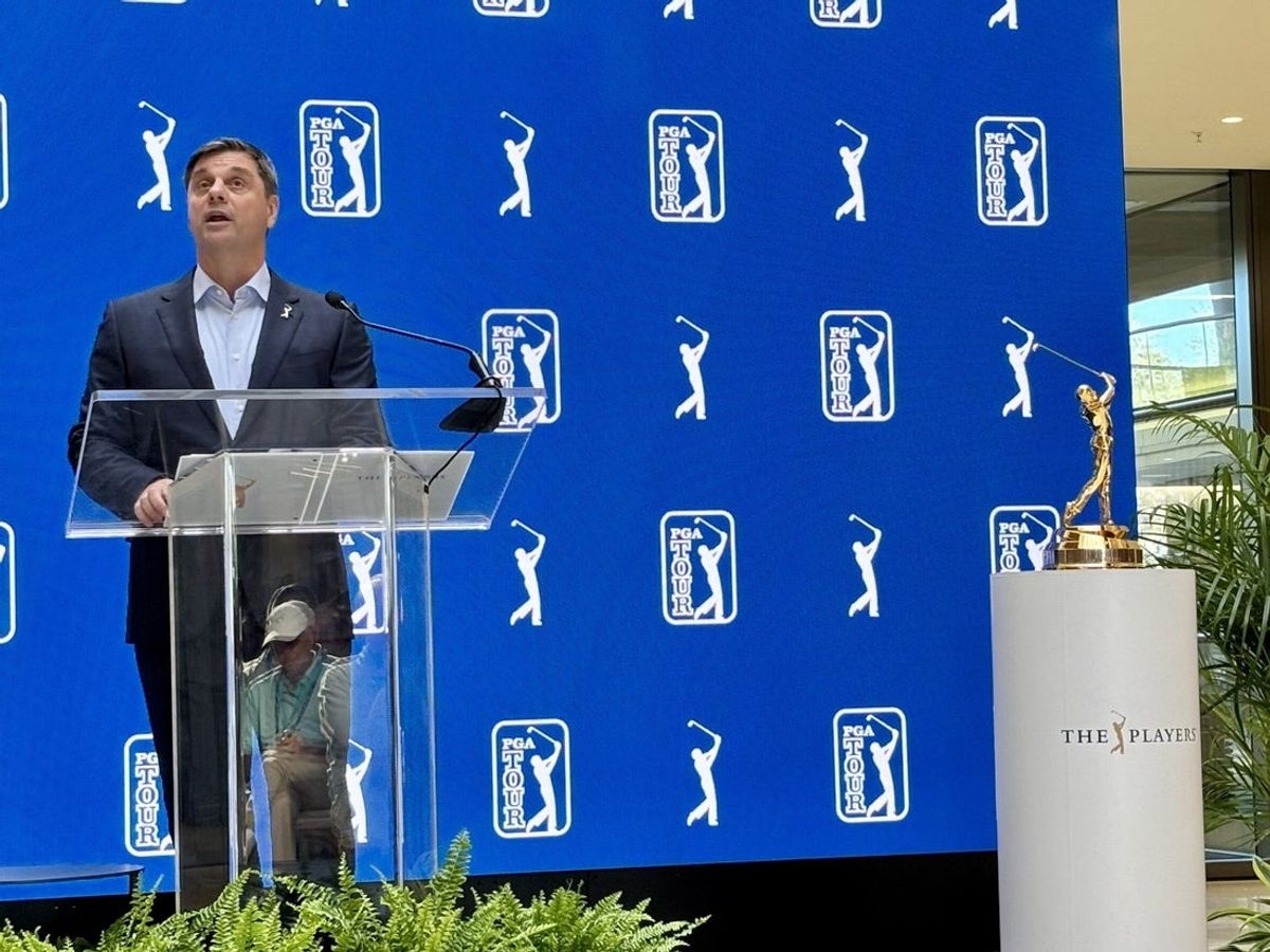 PGA Tour CEO Brian Rolapp addresses a the media, tournament sponsors and Tour employees during a news conference on March 11 at the PGA Tour Global Home in Ponte Vedra Beach, Fla.
