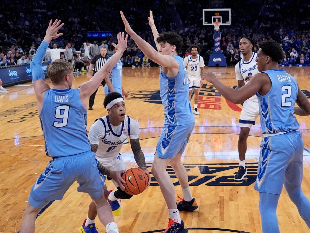 Mar 12, 2026; New York, NY, USA; Seton Hall Pirates guard Adam Clark (0) is stopped by the Creighton Bluejays defense during the first half at Madison Square Garden. Mandatory Credit: Robert Deutsch-Imagn Images