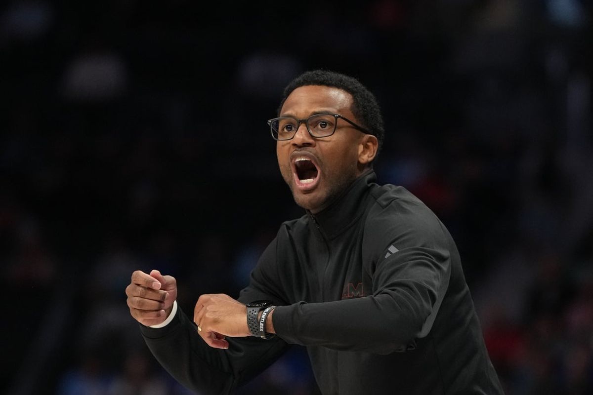 Mar 12, 2026; Charlotte, NC, USA; Miami (FL) Hurricanes head coach Jai Lucas reacts in the first half at Spectrum Center. Mandatory Credit: Bob Donnan-Imagn Images
