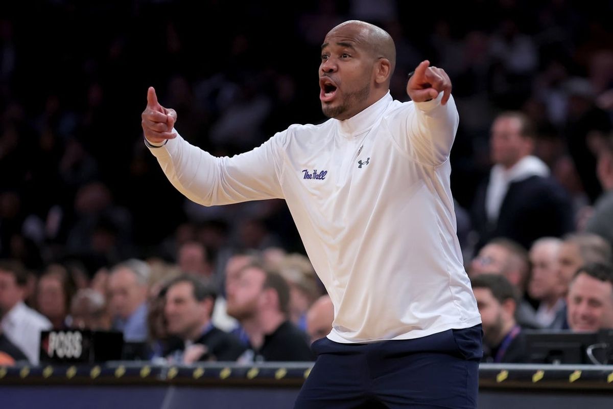 Mar 12, 2026; New York, NY, USA; Seton Hall Pirates head coach Shaheen Holloway coaches against the Creighton Bluejays during the second half at Madison Square Garden. Mandatory Credit: Brad Penner-Imagn Images