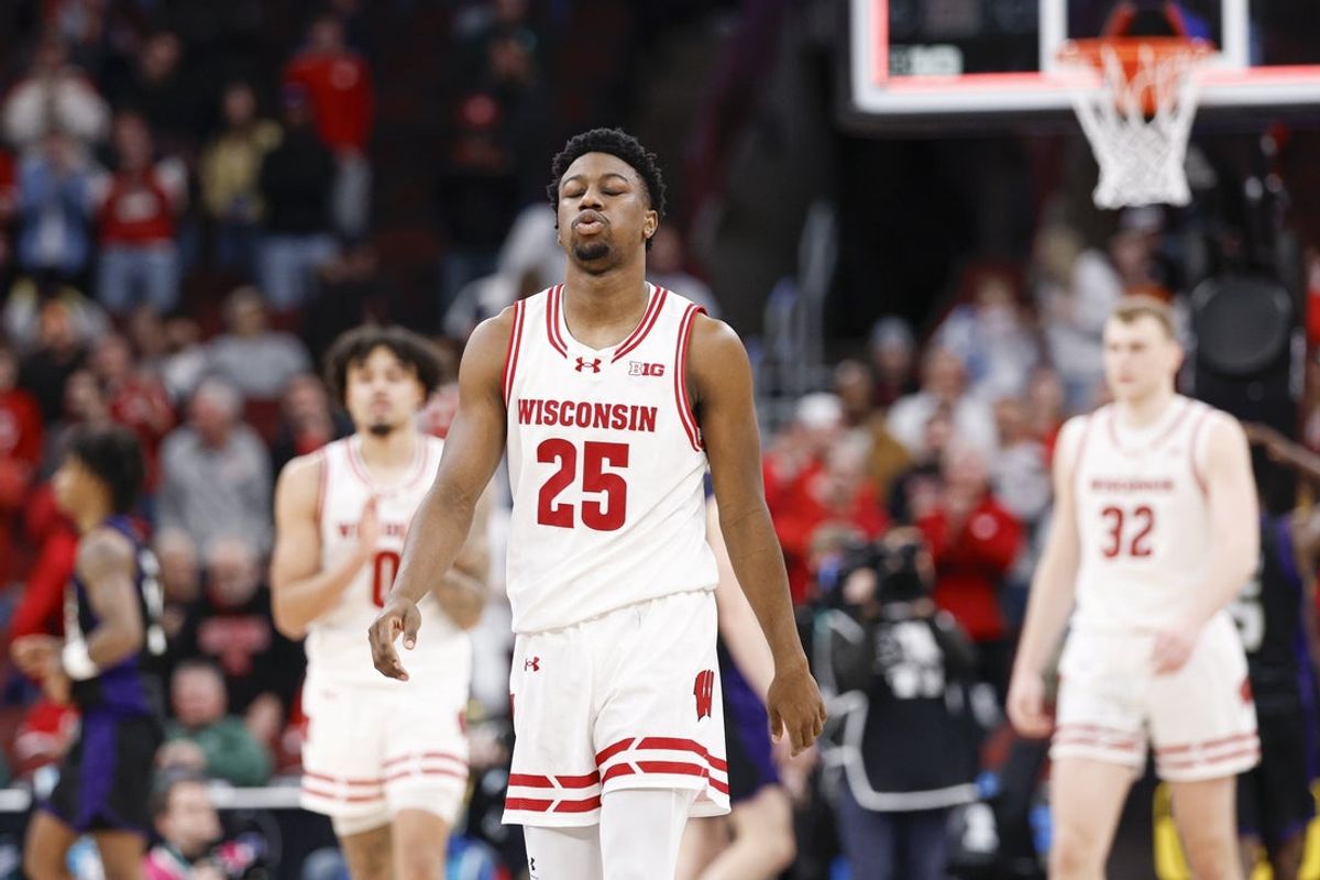 Mar 12, 2026; Chicago, IL, USA; Wisconsin Badgers guard John Blackwell (25) reacts after a game against the Washington Huskies at United Center. Mandatory Credit: Kamil Krzaczynski-Imagn Images