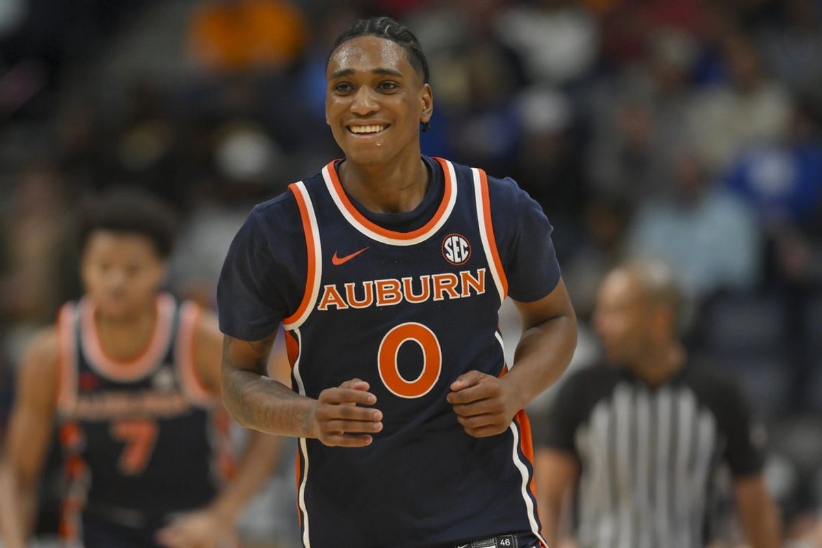 Mar 12, 2026; Nashville, TN, USA;  Auburn Tigers guard Tahaad Pettiford (0) reacts after a made three point basketagainst the Tennessee Volunteers during the first half at Bridgestone Arena. Mandatory Credit: Steve Roberts-Imagn Images