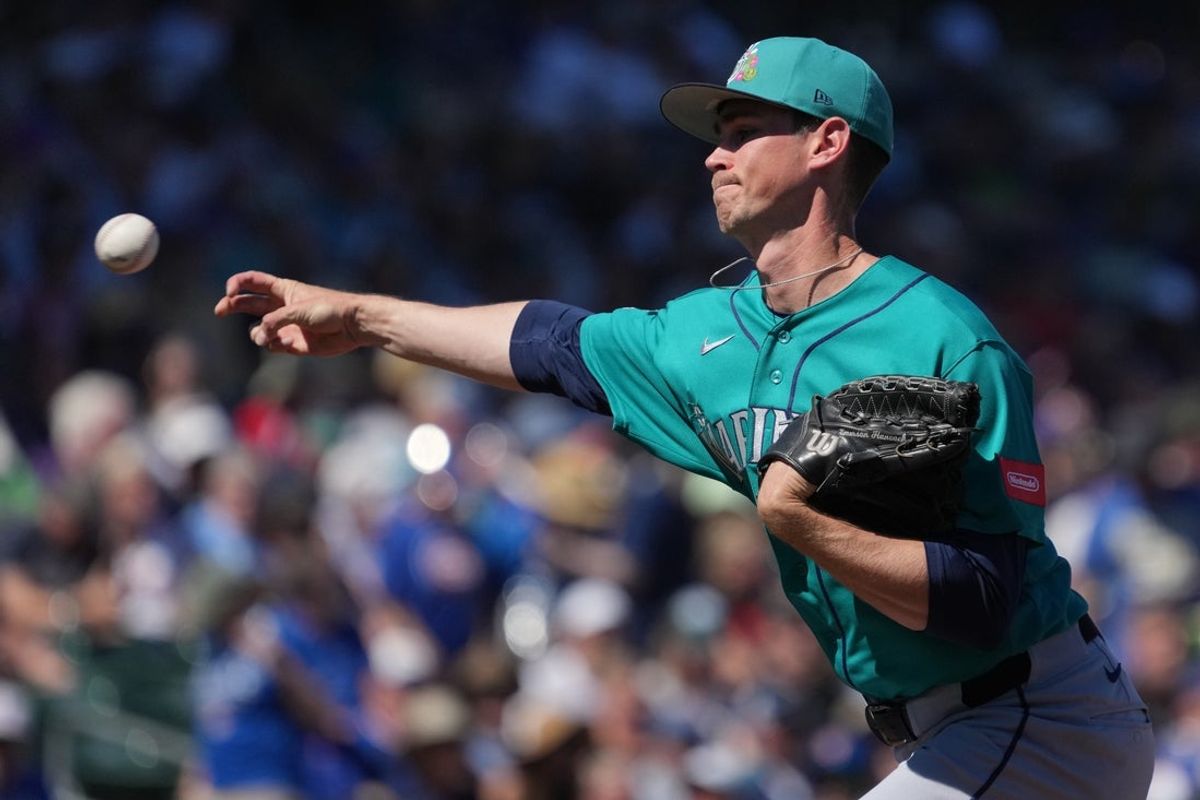 Mar 12, 2026; Mesa, Arizona, USA; Seattle Mariners pitcher Emerson Hancock (26) throws against the Chicago Cubs in the first inning at Sloan Park. Mandatory Credit: Rick Scuteri-Imagn Images