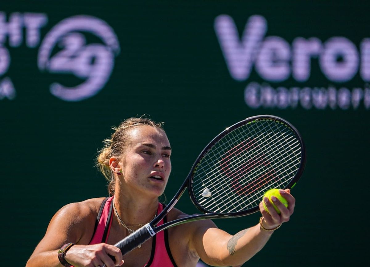Aryna Sabalenka readies a serve to Victoria Mboko during their quarterfinal match at the BNP Paribas Open in Indian Wells, Calif., Thursday, March 12, 2026.