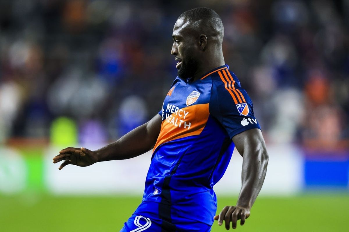 Mar 12, 2026; Cincinnati, Ohio, USA; FC Cincinnati forward Kevin Denkey (9) reacts after scoring a goal against Tigres UANL in the first half at TQL Stadium. Mandatory Credit: Katie Stratman-Imagn Images