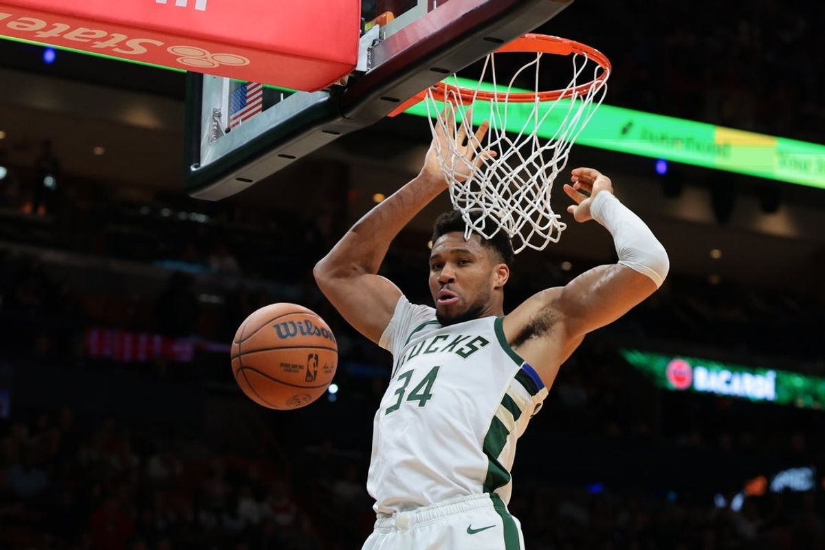 Mar 12, 2026; Miami, Florida, USA; Milwaukee Bucks forward Giannis Antetokounmpo (34) dunks against the Miami Heat during the second quarter at Kaseya Center. Mandatory Credit: Sam Navarro-Imagn Images