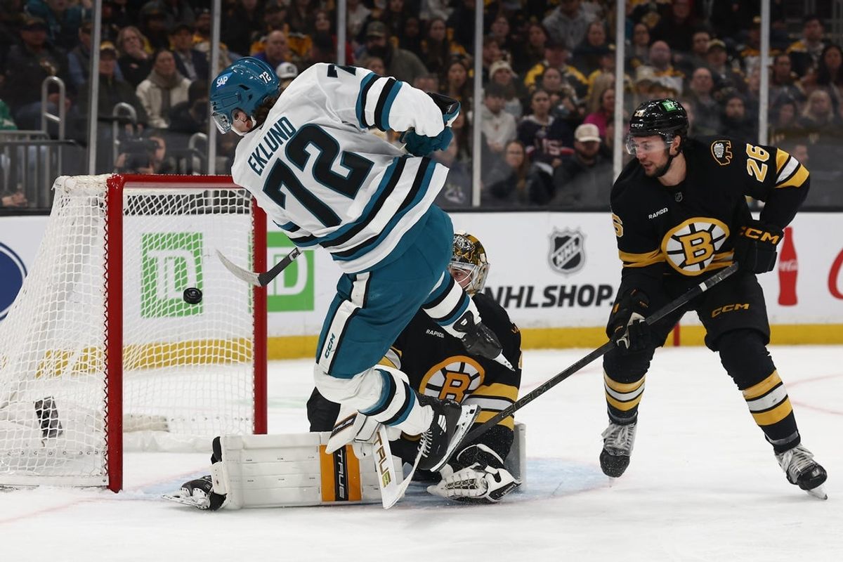 Mar 12, 2026; Boston, Massachusetts, USA; San Jose Sharks left wing William Eklund (72) bats the puck out of the air for a goal past Boston Bruins goaltender Jeremy Swayman (1) during the third period at TD Garden. Mandatory Credit: Winslow Townson-Imagn Images