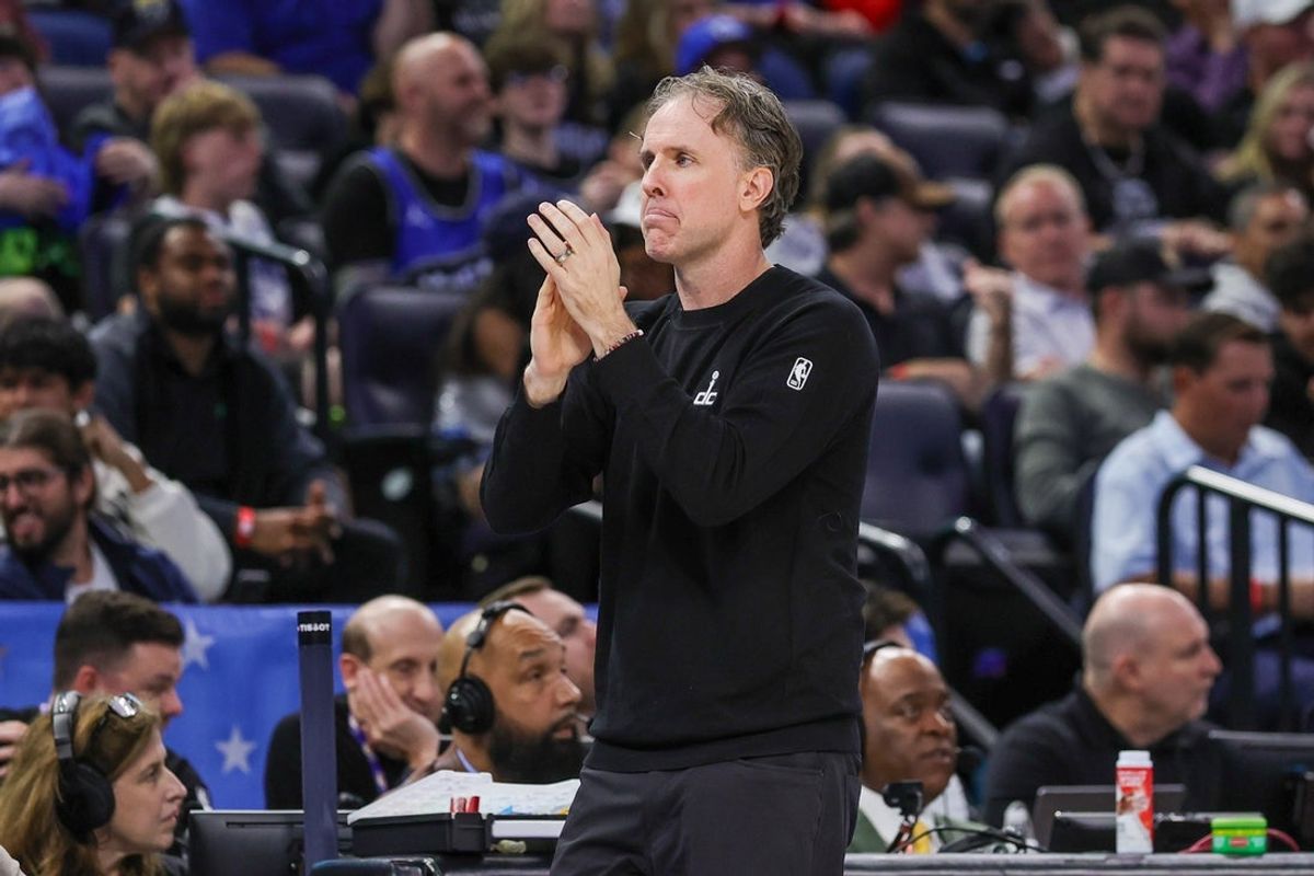 Mar 12, 2026; Orlando, Florida, USA; Washington Wizards head coach Brian Keefe reacts during the second half against the Orlando Magic at Kia Center. Mandatory Credit: Mike Watters-Imagn Images