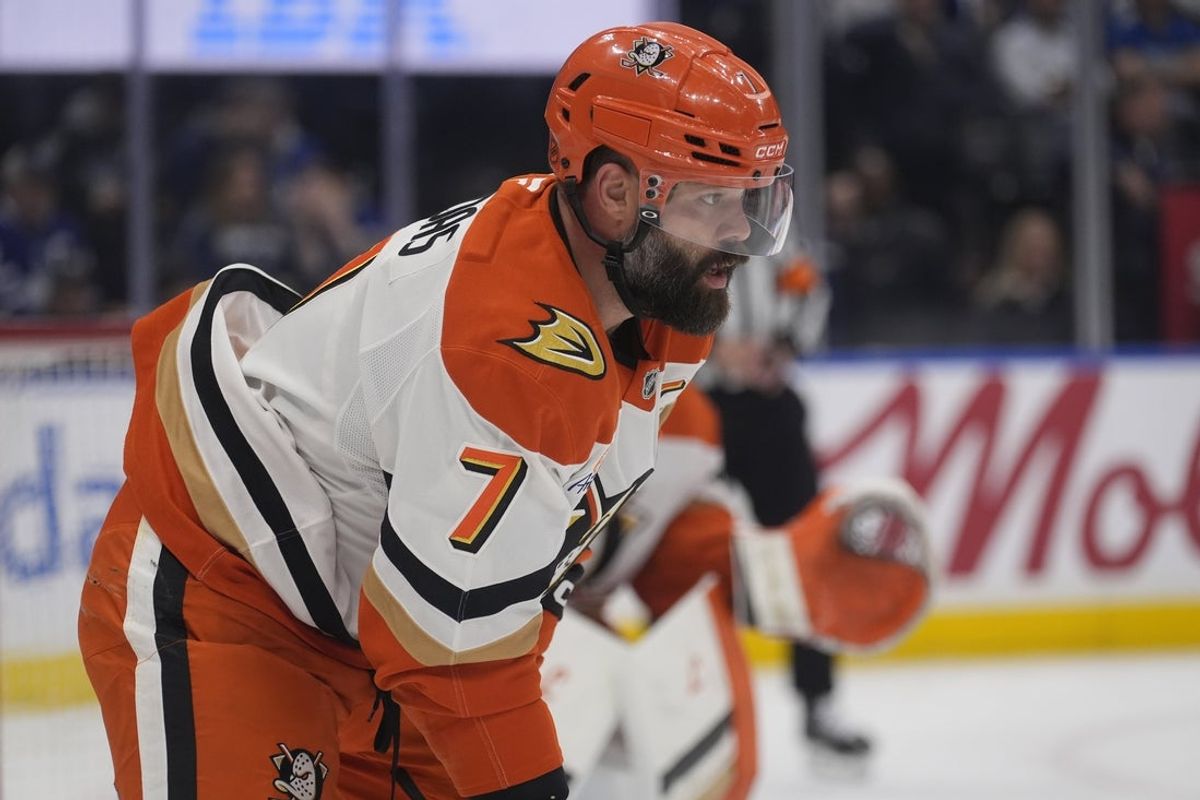Mar 12, 2026; Toronto, Ontario, CAN; Anaheim Ducks defenseman Radko Gudas (7) gets set for a face off against the Toronto Maple Leafs during the first period at Scotiabank Arena. Mandatory Credit: John E. Sokolowski-Imagn Images