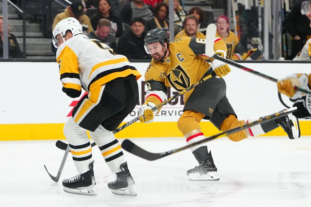 Mar 12, 2026; Las Vegas, Nevada, USA; Vegas Golden Knights right wing Mark Stone (61) shoots against the Pittsburgh Penguins during the first period at T-Mobile Arena. Mandatory Credit: Stephen R. Sylvanie-Imagn Images