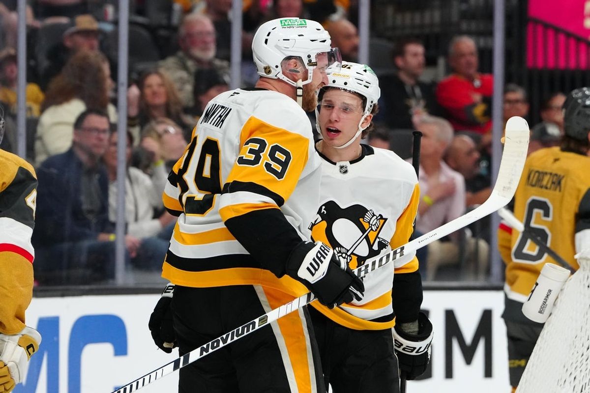 Mar 12, 2026; Las Vegas, Nevada, USA; Pittsburgh Penguins center Ben Kindel (81) celebrates with Pittsburgh Penguins right wing Anthony Mantha (39) after scoring a goal against the Vegas Golden Knights during the second period at T-Mobile Arena. Mandatory Credit: Stephen R. Sylvanie-Imagn Images