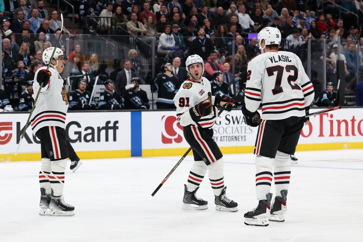 Mar 12, 2026; Salt Lake City, Utah, USA; The Chicago Blackhawks celebrate a goal by center Frank Nazar (91) against the Utah Mammoth during the third period at Delta Center. Mandatory Credit: Rob Gray-Imagn Images