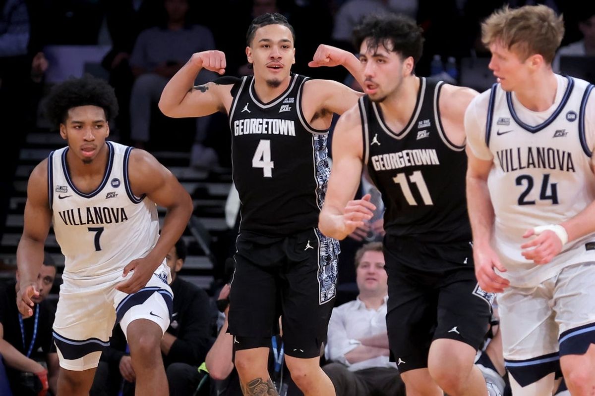 Mar 12, 2026; New York, NY, USA; Georgetown Hoyas forward Caleb Williams (4) reacts during the second half against the Villanova Wildcats at Madison Square Garden. Mandatory Credit: Brad Penner-Imagn Images