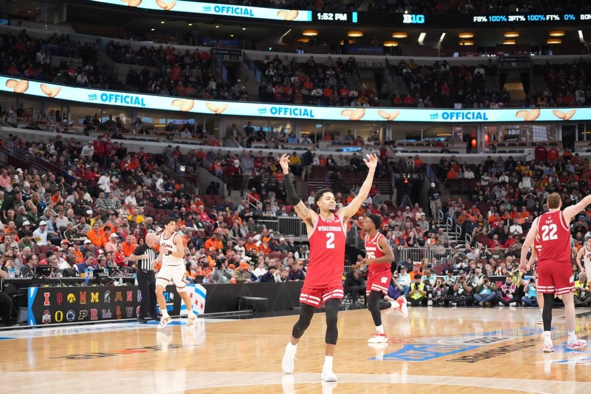 Mar 13, 2026; Chicago, IL, USA; Wisconsin Badgers guard Nick Boyd (2) after making a three point basket against the Illinois Fighting Illini during the first half at United Center. Mandatory Credit: David Banks-Imagn Images