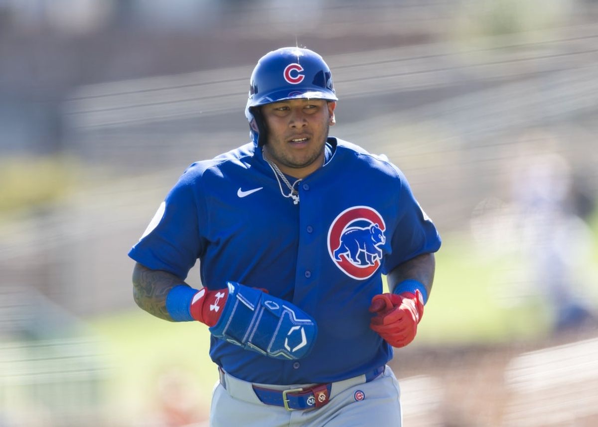 Mar 13, 2026; Phoenix, Arizona, USA; Chicago Cubs first baseman Moises Ballesteros against the Chicago White Sox during a spring training game at Camelback Ranch-Glendale. Mandatory Credit: Mark J. Rebilas-Imagn Images