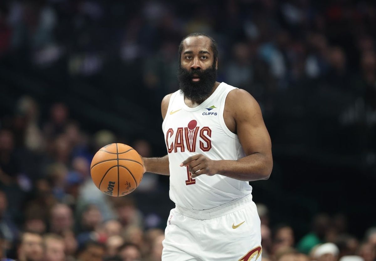 Mar 13, 2026; Dallas, Texas, USA;  Cleveland Cavaliers guard James Harden (1) dribbles during the first quarter against the Dallas Mavericks at American Airlines Center. Mandatory Credit: Kevin Jairaj-Imagn Images