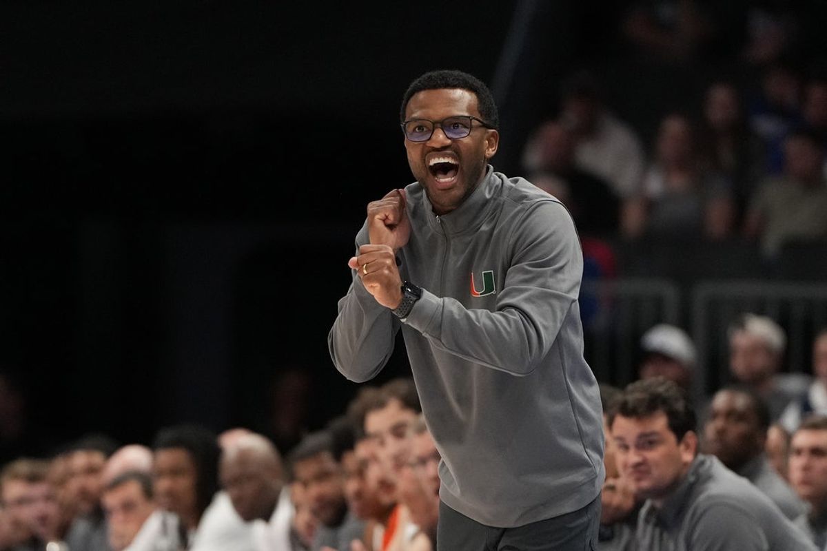 Mar 13, 2026; Charlotte, NC, USA; Miami (FL) Hurricanes head coach Jai Lucas reacts in the first half at Spectrum Center. Mandatory Credit: Bob Donnan-Imagn Images