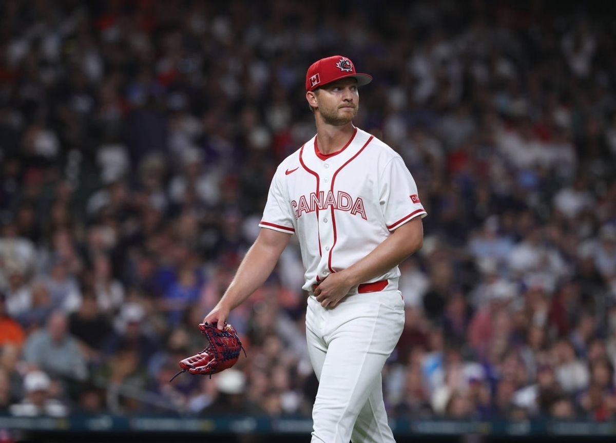 Mar 13, 2026; Houston, TX, United States; Canada starting pitcher Michael Soroka (40) walks back to the dugout during the second inning against the United States during a quarterfinal game of the 2026 World Baseball Classic at Daikin Park. Mandatory Credit: Troy Taormina-Imagn Images