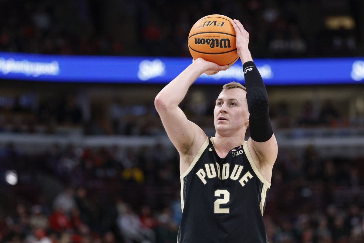 Mar 13, 2026; Chicago, IL, USA; Purdue Boilermakers guard Fletcher Loyer (2) shoots a free throw against the Nebraska Cornhuskers during the first half at United Center. Mandatory Credit: Kamil Krzaczynski-Imagn Images