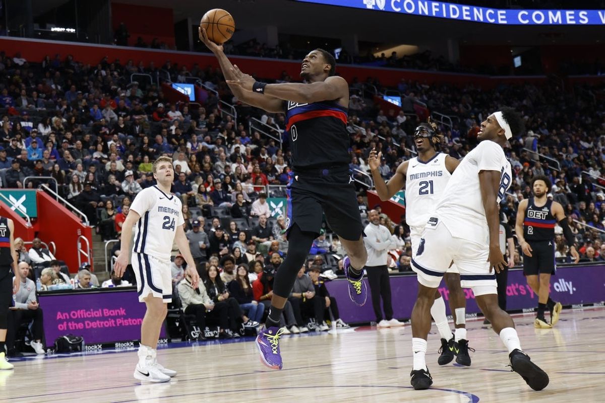 Mar 13, 2026; Detroit, Michigan, USA;  Detroit Pistons center Jalen Duren (0) shoots in the first half against the Memphis Grizzlies at Little Caesars Arena. Mandatory Credit: Rick Osentoski-Imagn Images