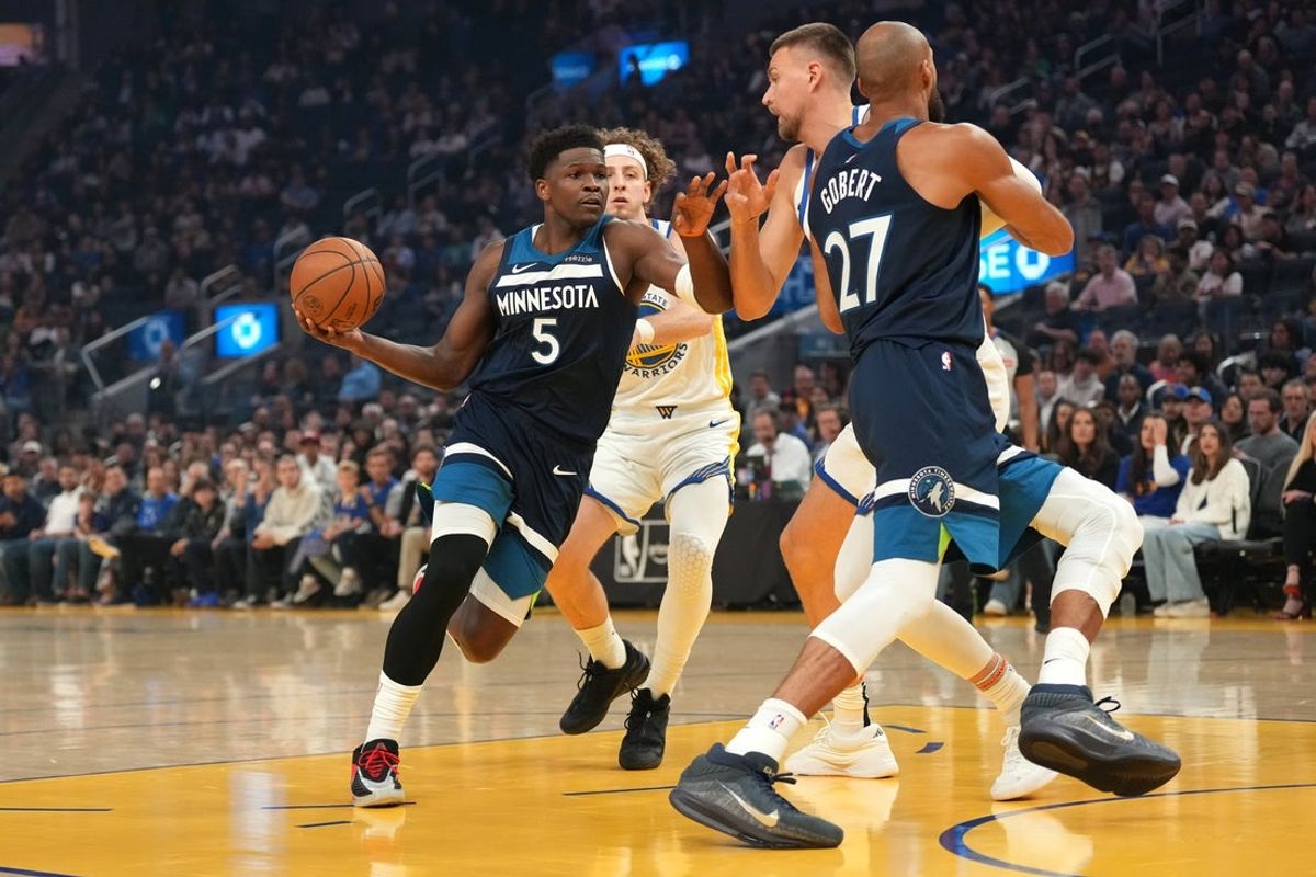 Mar 13, 2026; San Francisco, California, USA; Minnesota Timberwolves guard Anthony Edwards (5) drives to the hoop against the Golden State Warriors in the first quarter at the Chase Center. Mandatory Credit: Cary Edmondson-Imagn Images
