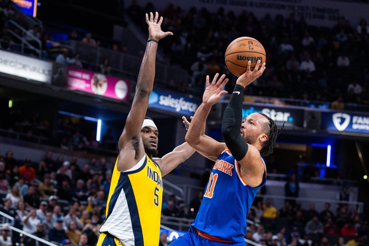 Mar 13, 2026; Indianapolis, Indiana, USA;  New York Knicks guard Jalen Brunson (11) shoots the ball while Indiana Pacers forward Jarace Walker (5) defends in the second half at Gainbridge Fieldhouse. Mandatory Credit: Trevor Ruszkowski-Imagn Images