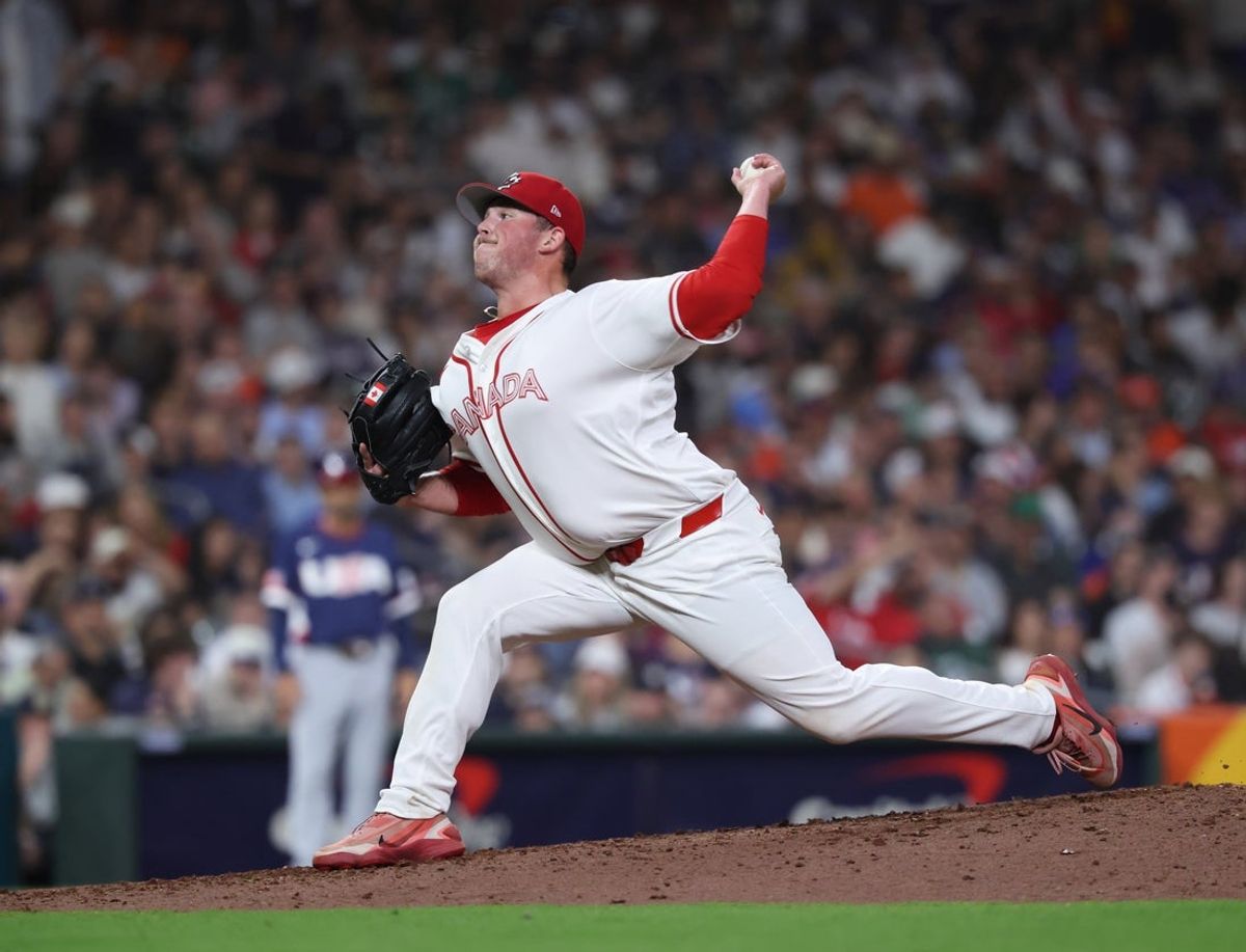Mar 13, 2026; Houston, TX, United States; Canada relief pitcher Matt Wilkinson (35) throws during the eighth inning against the United States during a quarterfinal game of the 2026 World Baseball Classic at Daikin Park. Mandatory Credit: Troy Taormina-Imagn Images