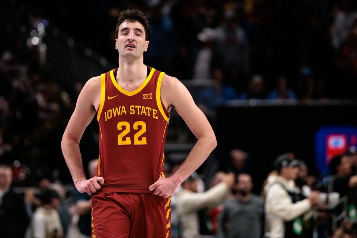 Iowa State Cyclones forward Milan Momcilovic (22) reacts at the end of the game against the Arizona Wildcats at T-Mobile Center. Mandatory Credit: William Purnell-Imagn Images