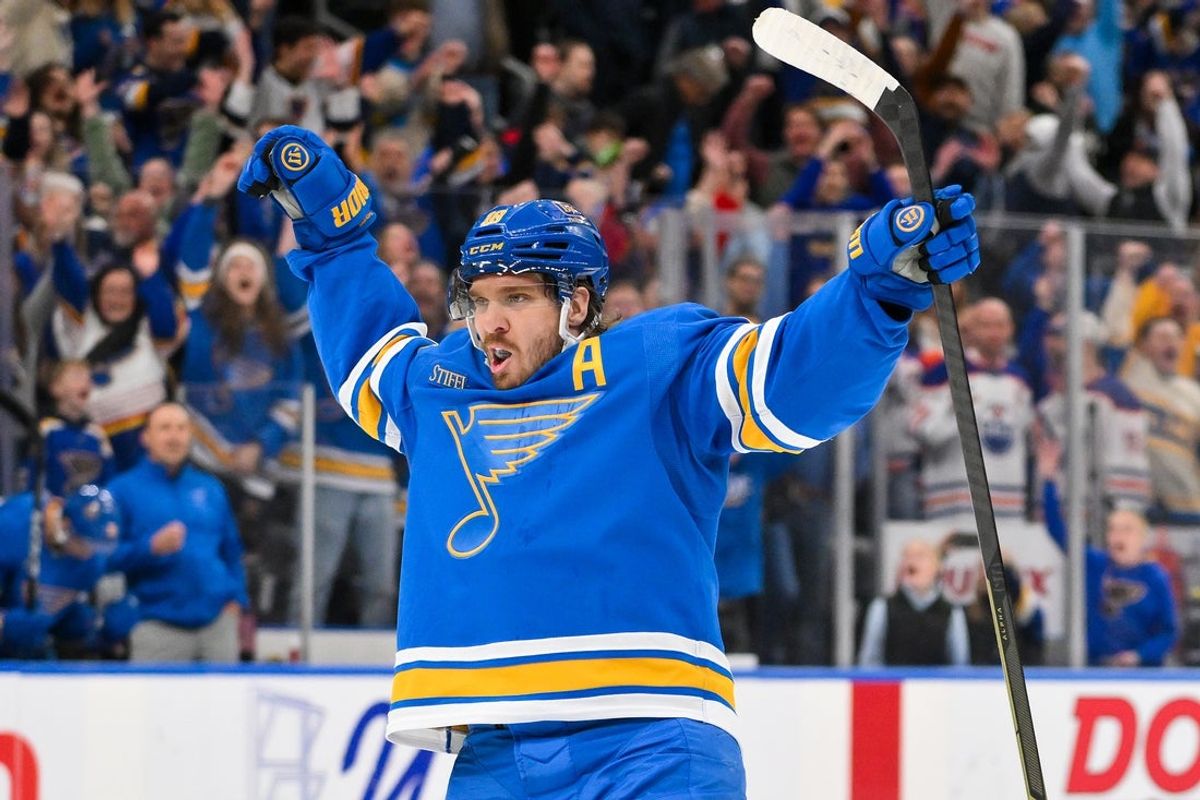 Mar 13, 2026; St. Louis, Missouri, USA; St. Louis Blues center Robert Thomas (18) reacts after scoring the game winning goal against the Edmonton Oilers during overtime at Enterprise Center. Mandatory Credit: Jeff Curry-Imagn Images