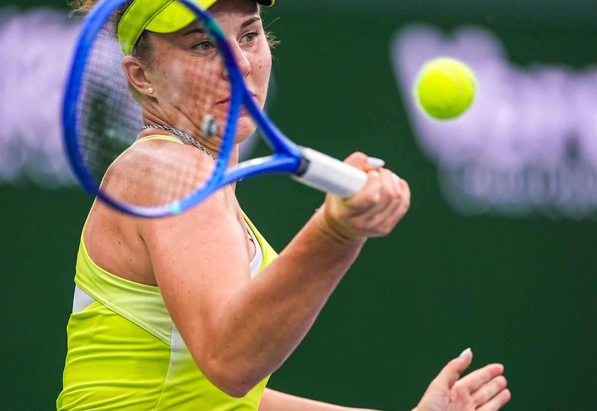 Linda Noskova hits back to Aryna Sabalenka during their semifinal match at the BNP Paribas Open in Indian Wells, Calif., Friday, March 13, 2026.