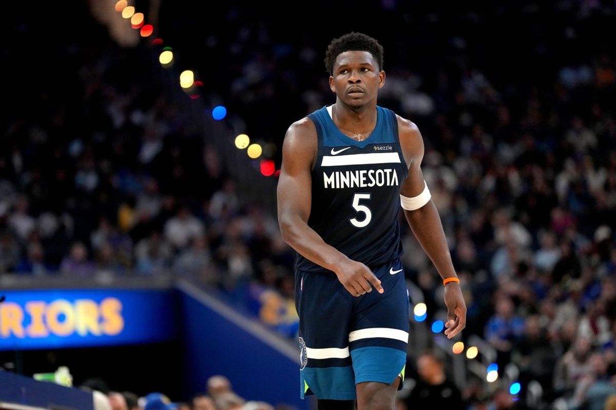 Mar 13, 2026; San Francisco, California, USA; Minnesota Timberwolves guard Anthony Edwards (5) walks on the court during a break in the action against the Golden State Warriors in the third quarter at the Chase Center. Mandatory Credit: Cary Edmondson-Imagn Images